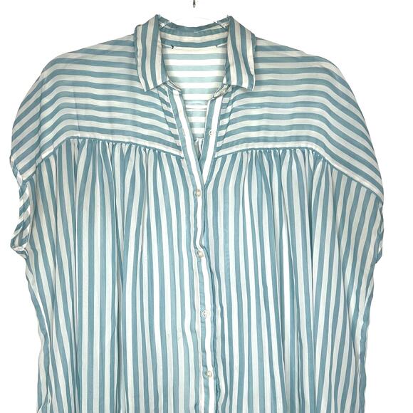 ELODIE Striped Short Sleeve Button-Front Shirt Blouse Sheer Blue White Size M/L - Picture 10 of 11